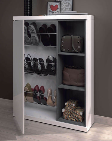 Fendi White Gloss Shoe Cabinet Hallway Unit with Integrated Mirror, Modern Storage - UK Luxury Furniture